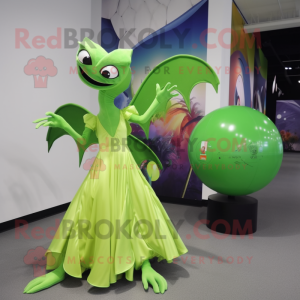 Lime Green Pterodactyl mascot costume character dressed with a Ball Gown and Backpacks