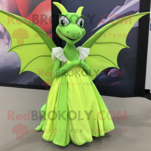 Lime Green Pterodactyl mascot costume character dressed with a Ball Gown and Backpacks