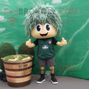 Forest Green Ramen mascot costume character dressed with a Cargo Shorts and Hair clips