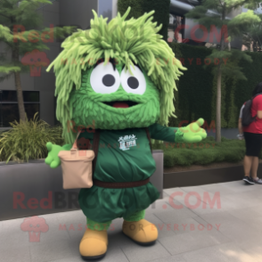 Forest Green Ramen mascot costume character dressed with a Cargo Shorts and Hair clips