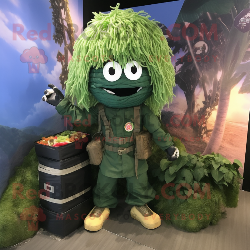 Forest Green Ramen mascot costume character dressed with a Cargo Shorts and Hair clips