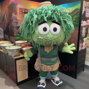 Forest Green Ramen mascot costume character dressed with a Cargo Shorts and Hair clips