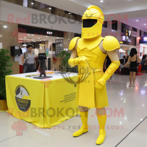 Lemon Yellow Spartan Soldier mascot costume character dressed with a A-Line Skirt and Belts