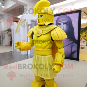 Lemon Yellow Spartan Soldier mascot costume character dressed with a A-Line Skirt and Belts
