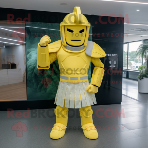 Lemon Yellow Spartan Soldier mascot costume character dressed with a A-Line Skirt and Belts