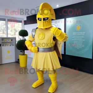 Lemon Yellow Spartan Soldier mascot costume character dressed with a A-Line Skirt and Belts