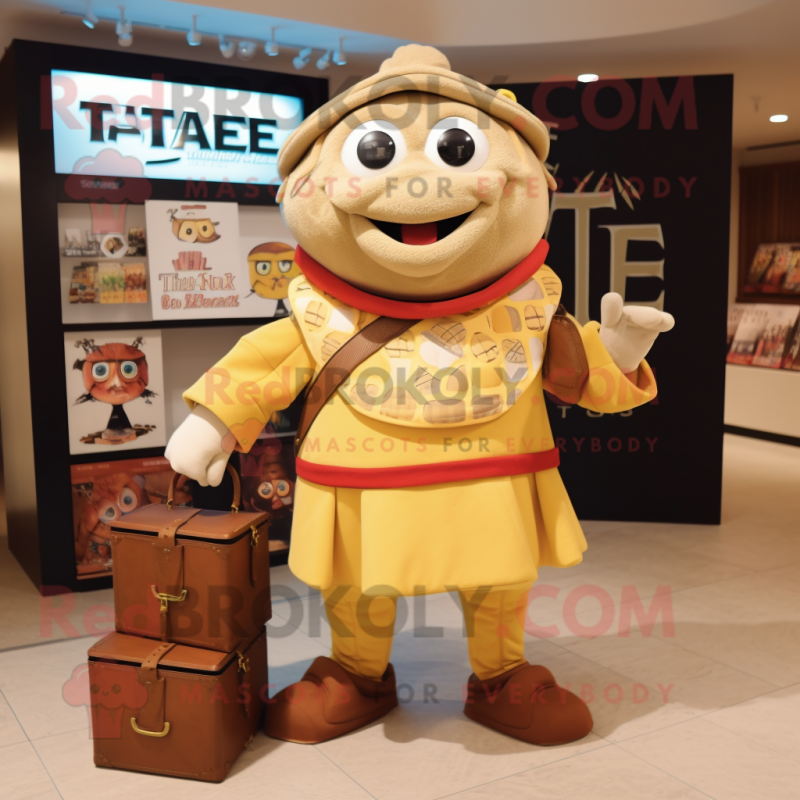 Tan Treasure Chest mascot costume character dressed with a Turtleneck and Tote bags Tan Treasure Chest mascot costume character dressed with a Turtleneck and Tote bags