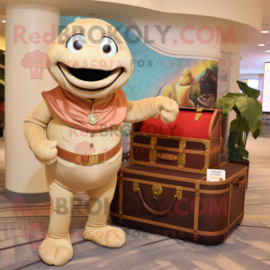 Tan Treasure Chest mascot costume character dressed with a Turtleneck and Tote bags