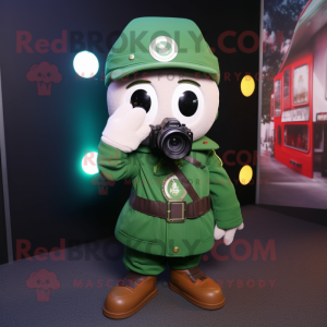 Green Camera mascot costume character dressed with a Bomber Jacket and Keychains