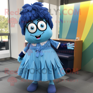 Blue Momentum mascot costume character dressed with a Pleated Skirt and Ties
