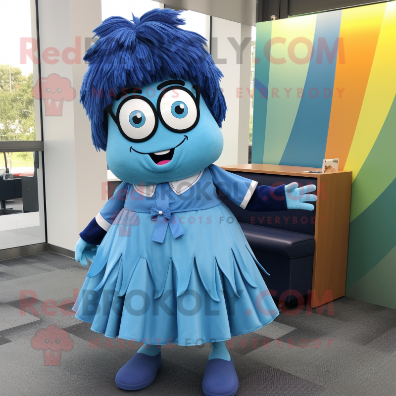 Blue Momentum mascot costume character dressed with a Pleated Skirt and Ties Blue Momentum mascot costume character dressed with a Pleated Skirt and Ties