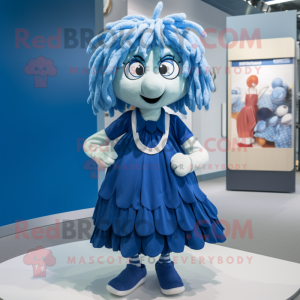 Blue Momentum mascot costume character dressed with a Pleated Skirt and Ties