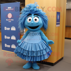 Blue Momentum mascot costume character dressed with a Pleated Skirt and Ties