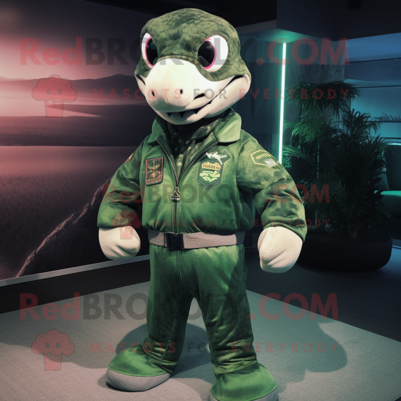 Forest Green Python mascot costume character dressed with a Bomber Jacket and Clutch bags