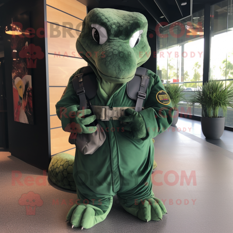 Forest Green Python mascot costume character dressed with a Bomber Jacket and Clutch bags