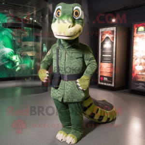 Forest Green Python mascot costume character dressed with a Bomber Jacket and Clutch bags