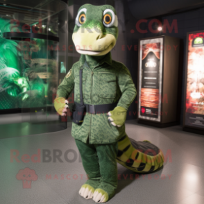 Forest Green Python mascot costume character dressed with a Bomber Jacket and Clutch bags