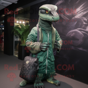 Forest Green Python mascot costume character dressed with a Bomber Jacket and Clutch bags