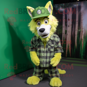 Lime Green Wolf mascot costume character dressed with a Flannel Shirt and Hats