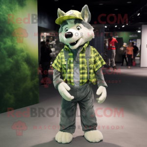 Lime Green Wolf mascot costume character dressed with a Flannel Shirt and Hats