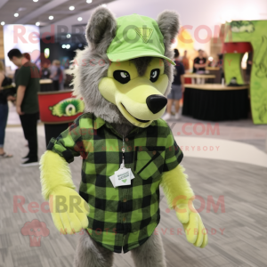 Lime Green Wolf mascot costume character dressed with a Flannel Shirt and Hats