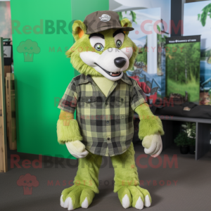 Lime Green Wolf mascot costume character dressed with a Flannel Shirt and Hats