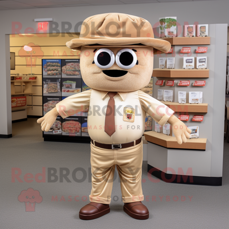 Tan Hamburger mascot costume character dressed with a Oxford Shirt and Caps Tan Hamburger mascot costume character dressed with a Oxford Shirt and Caps