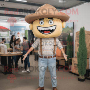 Tan Hamburger mascot costume character dressed with a Oxford Shirt and Caps