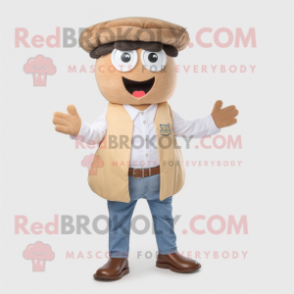 Tan Hamburger mascot costume character dressed with a Oxford Shirt and Caps