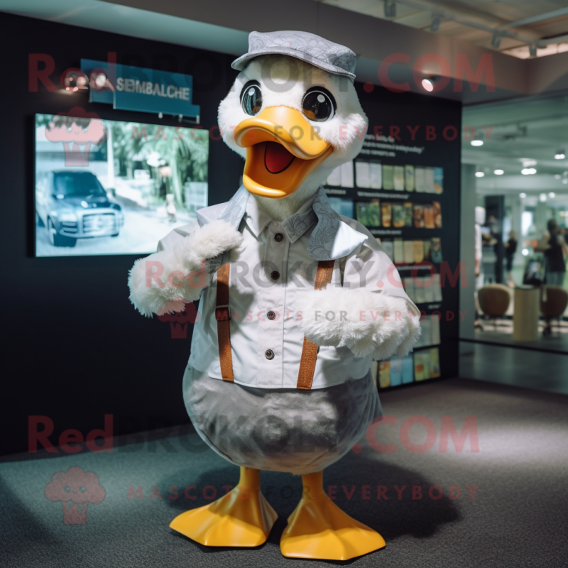 Gray Duck mascot costume character dressed with a Poplin Shirt and Suspenders