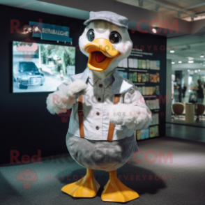 Gray Duck mascot costume character dressed with a Poplin Shirt and Suspenders