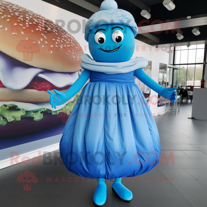 Blue Hamburger mascot costume character dressed with a Empire Waist Dress and Wraps Blue Hamburger mascot costume character dressed with a Empire Waist Dress and Wraps