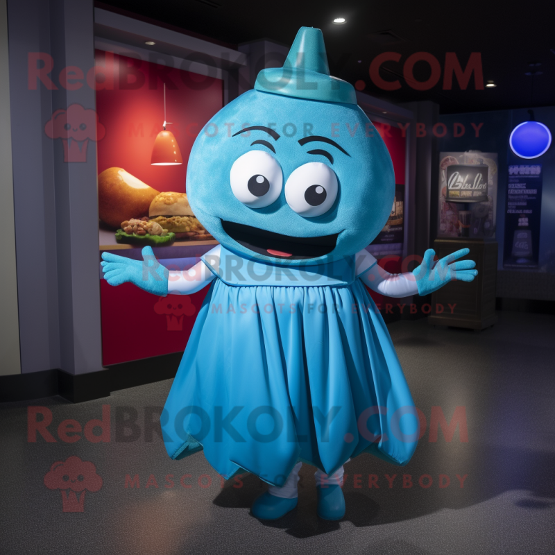 Blue Hamburger mascot costume character dressed with a Empire Waist Dress and Wraps