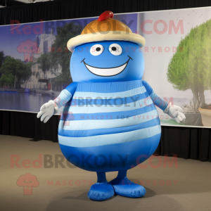 Blue Hamburger mascot costume character dressed with a Empire Waist Dress and Wraps