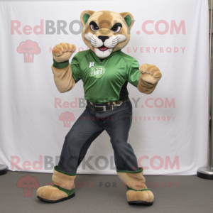 Green Mountain Lion mascot costume character dressed with a Bootcut Jeans and Foot pads