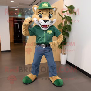 Green Mountain Lion mascot costume character dressed with a Bootcut Jeans and Foot pads