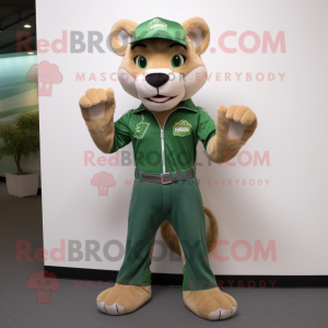 Green Mountain Lion mascot costume character dressed with a Bootcut Jeans and Foot pads