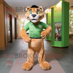 Green Mountain Lion mascot costume character dressed with a Bootcut Jeans and Foot pads