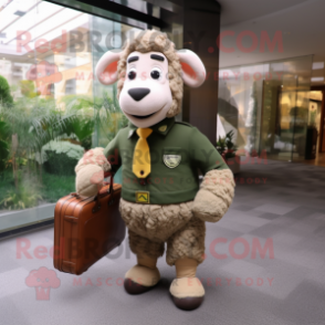 Olive Merino Sheep mascot costume character dressed with a Sheath Dress and Briefcases