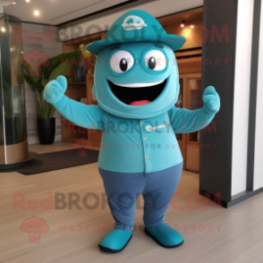 Turquoise Steak mascot costume character dressed with a Romper and Caps