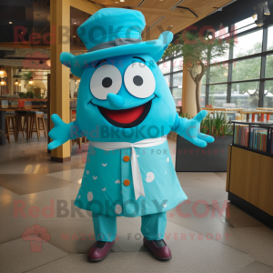 Turquoise Steak mascot costume character dressed with a Romper and Caps