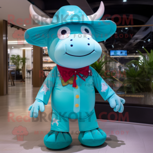 Turquoise Steak mascot costume character dressed with a Romper and Caps