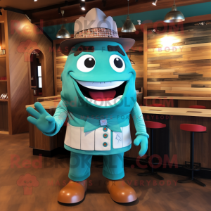 Turquoise Steak mascot costume character dressed with a Romper and Caps