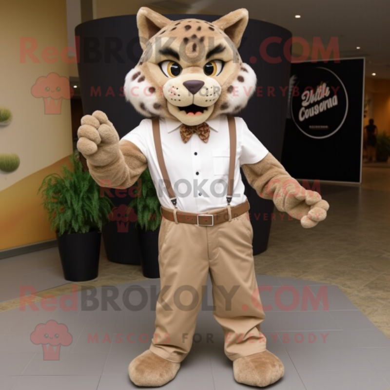 Tan Bobcat mascot costume character dressed with a Culottes and Pocket squares