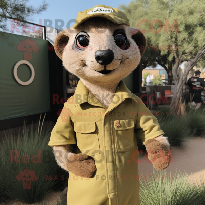 Olive Meerkat mascot costume character dressed with a Overalls and Cufflinks Olive Meerkat mascot costume character dressed with a Overalls and Cufflinks