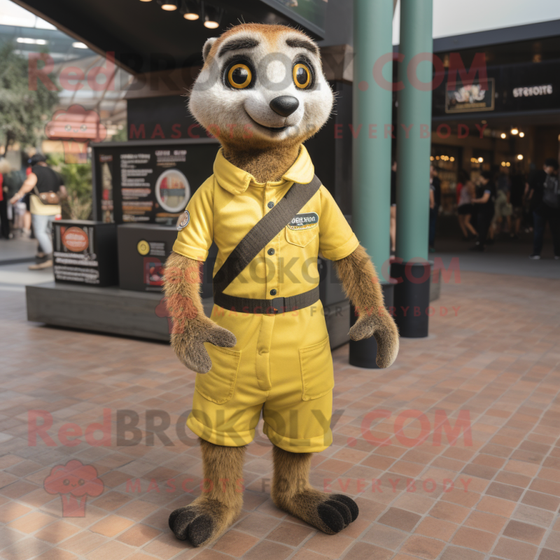 Olive Meerkat mascot costume character dressed with a Overalls and Cufflinks Olive Meerkat mascot costume character dressed with a Overalls and Cufflinks