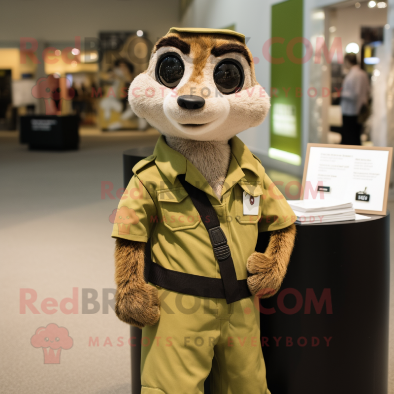 Olive Meerkat mascot costume character dressed with a Overalls and Cufflinks