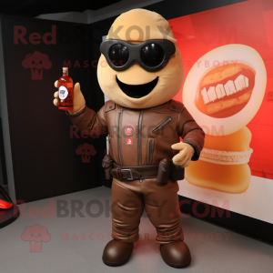 Tan Bottle Of Ketchup mascot costume character dressed with a Biker Jacket and Cufflinks