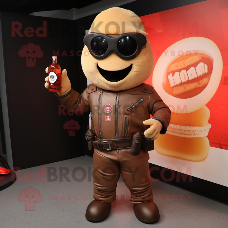 Tan Bottle Of Ketchup mascot costume character dressed with a Biker Jacket and Cufflinks