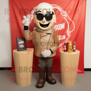 Tan Bottle Of Ketchup mascot costume character dressed with a Biker Jacket and Cufflinks